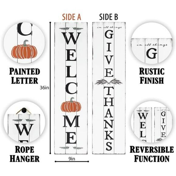 Welcome Sign for Front Door | Fall Welcome Sign | Reversible Vertical Porch Sign - Picture 7 of 7